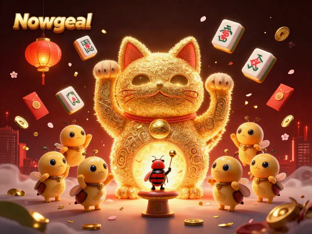 Nowgoal offers a vibrant illustration of a lucky cat and conductor beetle in a rich casino atmosphere.