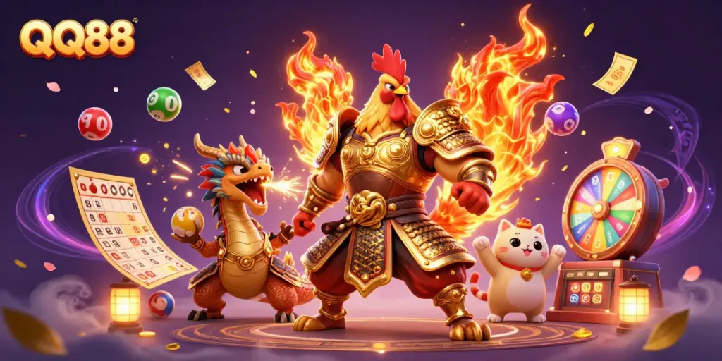 Experience excitement at QQ88 with a dynamic scene featuring a warrior rooster, dragon hatchling, and vibrant gaming elements.