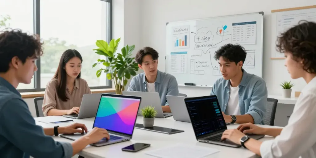 SEO specialists collaborating on instant indexing strategies in a modern workspace.