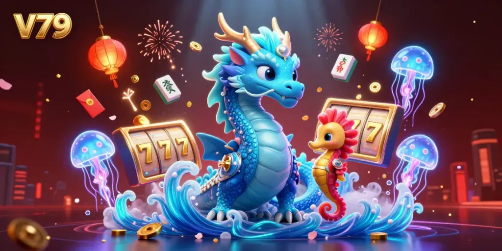 Engage with the thrilling world of v79 featuring a 3D azure dragon, casino elements, and dynamic visuals.