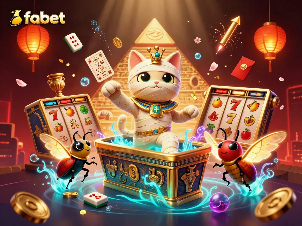 Experience thrilling gambling excitement at fabet with an illustrated scene of an Egyptian mummy cat and gaming elements.