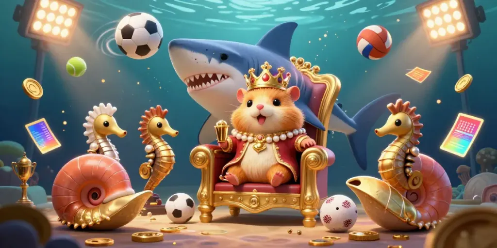 Experience the thrill of v79 with a golden hamster king ruling from a megalodon throne, amidst dynamic sports elements.