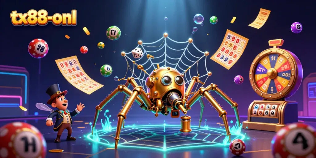 Engage in captivating games at tx88-onl with a vibrant scene featuring a golden spider and playful elements.