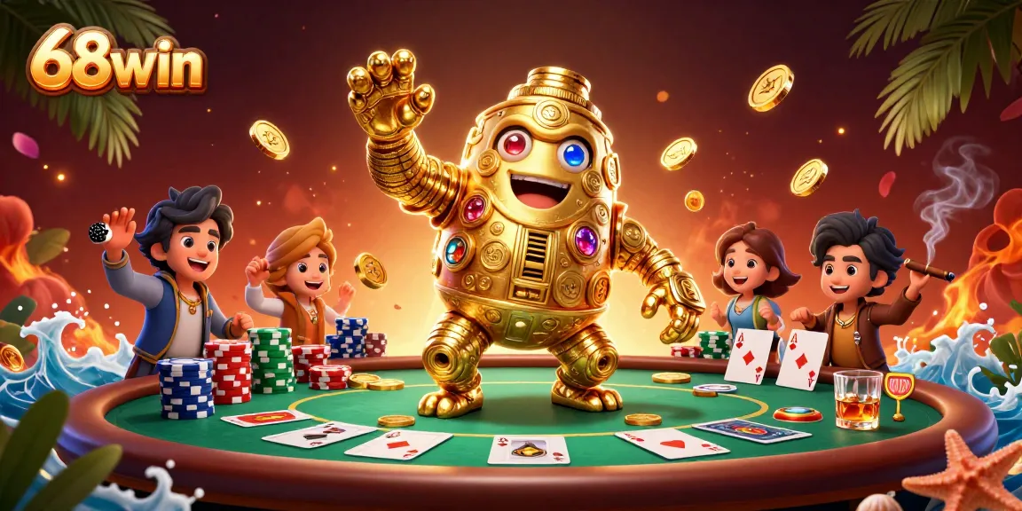 Experience thrilling gameplay at 68win with our golden golem amidst poker games and vibrant casino elements.