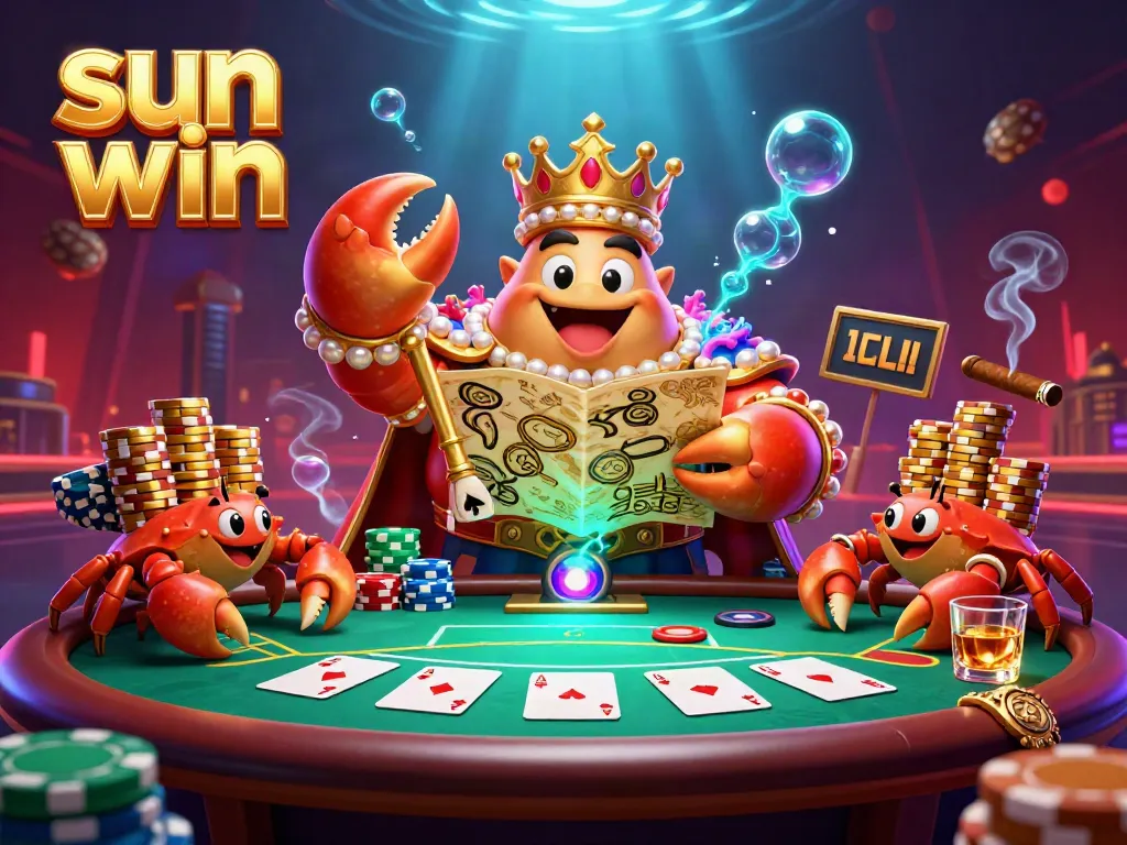 Experience thrilling poker action with sun win as the grand golden crab emperor oversees a vibrant casino scene.
