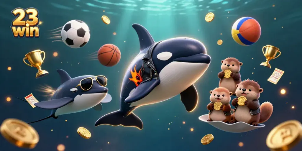 Experience the excitement of 23 win as characters celebrate with gold coins and sports elements in a vibrant underwater scene.