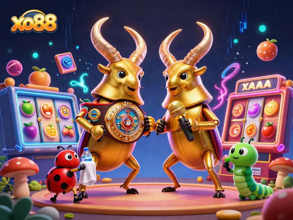 Spin the reels with xo88's vibrant casino dynamic, featuring colorful slot machines and energetic characters.