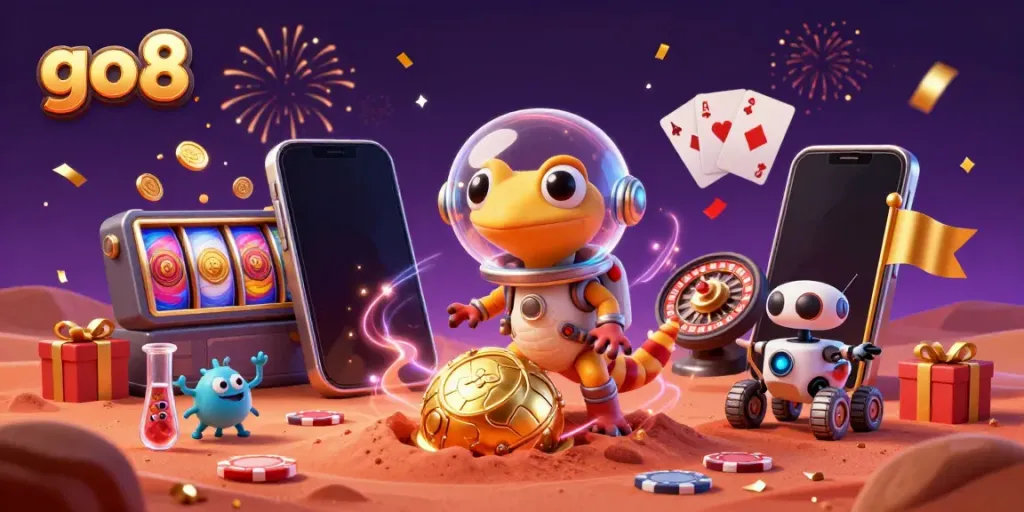 Join the fun at go8 casino with a Martian gecko uncovering treasures in a golden casino.