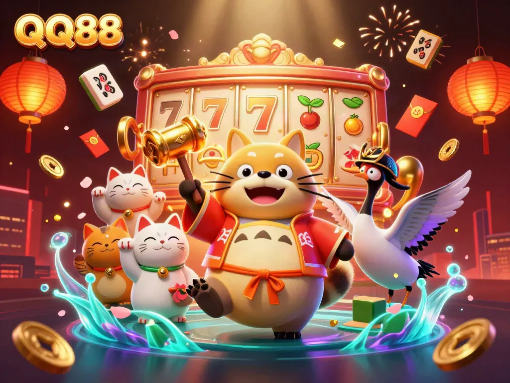 QQ88 promotes a lively casino atmosphere with cheerful tanuki, cashback rewards, and festive game elements.