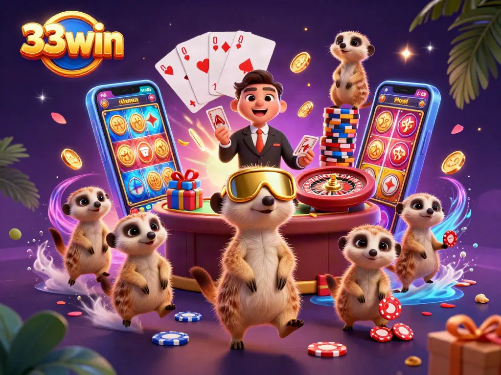 Experience thrilling gameplay at 33win with a vibrant casino scene filled with meerkats and slot games.