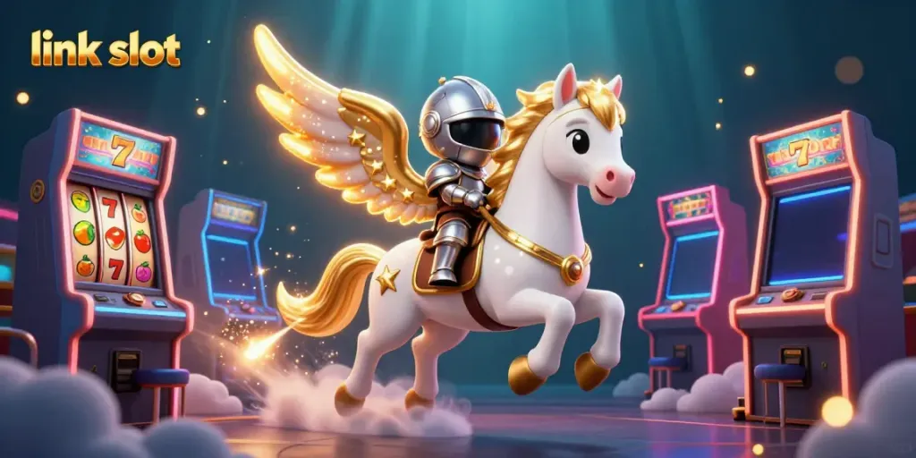 Experience the excitement of link slot gaming with vivid 3D visuals of a celestial horse and slot machines.