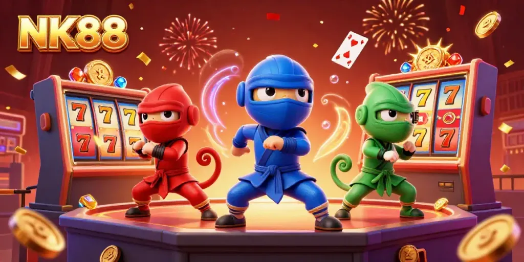 Join the excitement with NK88 as colorful chameleon ninjas conquer a lively casino rooftop.