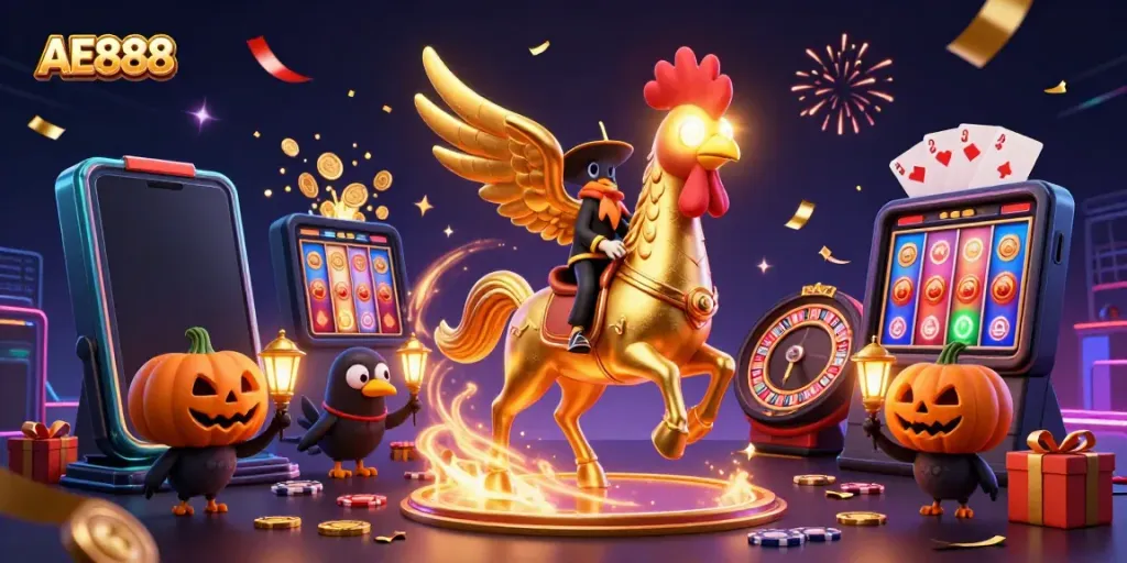 Experience thrilling adventures at AE888 casino with a golden rooster gambler amidst vibrant gaming elements.