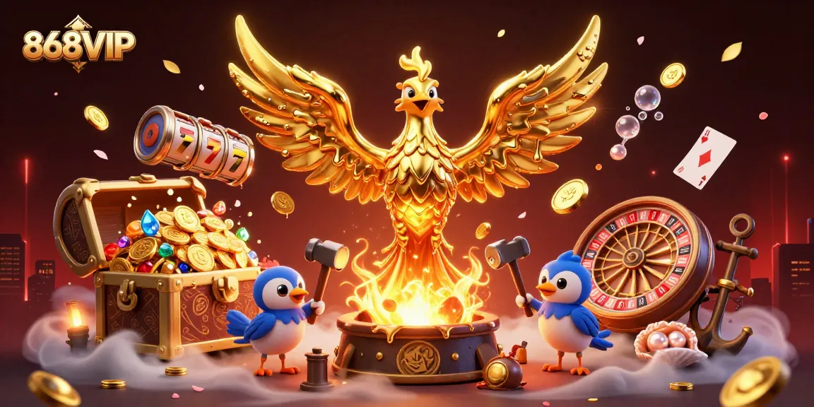 Experience excitement and wins with 868VIP's vibrant casino-themed illustration featuring slot games and golden rewards.
