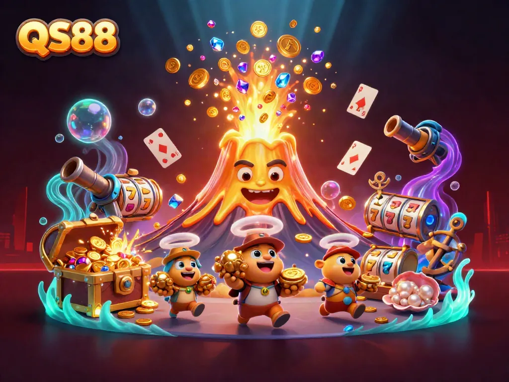 Experience the thrilling adventure of QS88 with golden treasures erupting from a volcano!