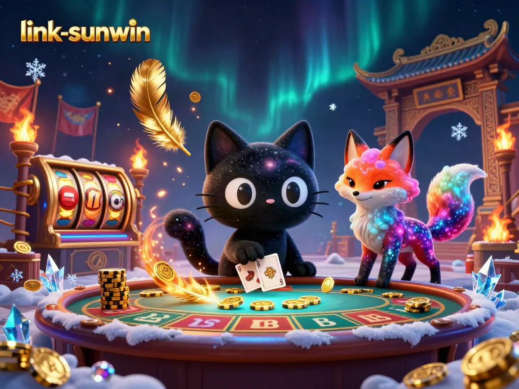 Experience the thrill of gaming at link-sunwin with a cosmic cat and nebula fox at the casino table.