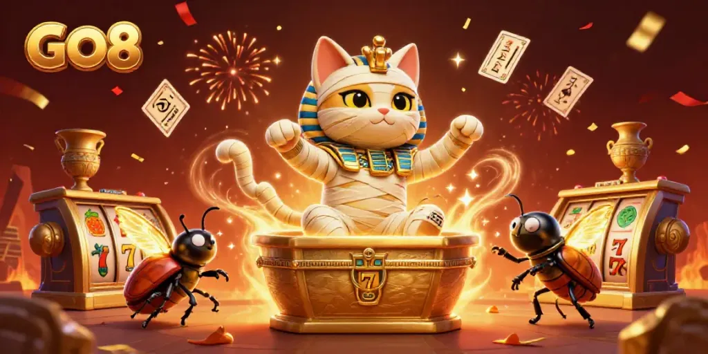 Experience thrilling gameplay at GO8 with an Egyptian mummy cat bursting from a golden sarcophagus amid slot reels.