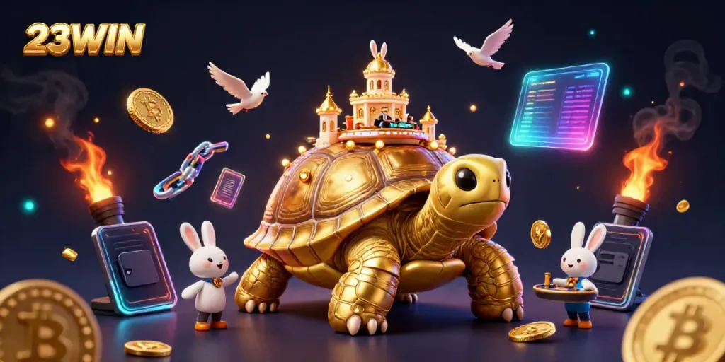 Experience the excitement of 23WIN with a vibrant 3D illustration showcasing a golden tortoise casino.