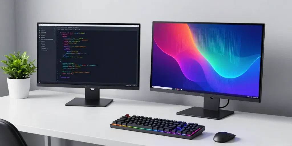 .uk domain registration process in a modern developer workspace setup with dual monitors.