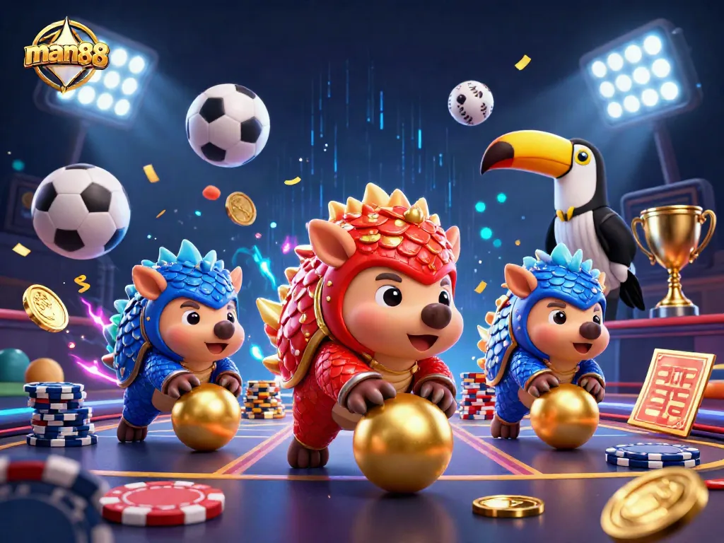 Experience the excitement of man88 sports betting showcased with vibrant pangolins and dynamic elements.
