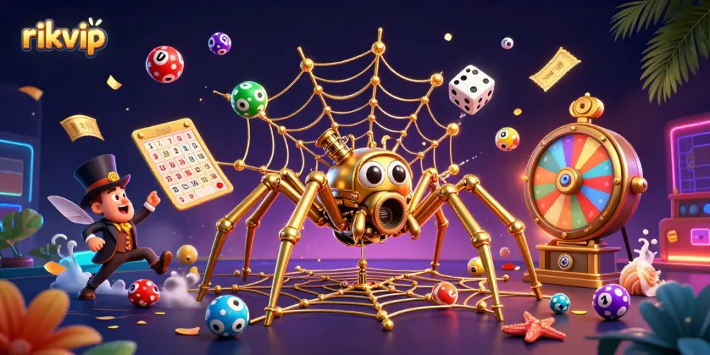 Engage with the thrilling dynamics of rikvip featuring a whimsical steampunk spider and colorful gaming elements.