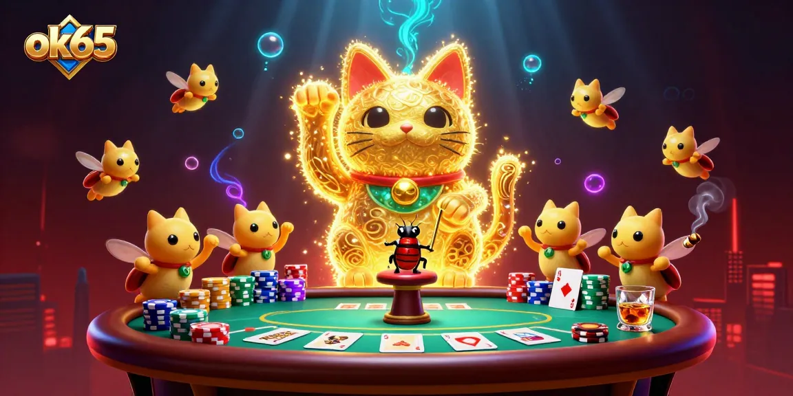 Engage in thrilling gambling with ok65, as a whimsical lucky cat and fireflies bring the casino to life!