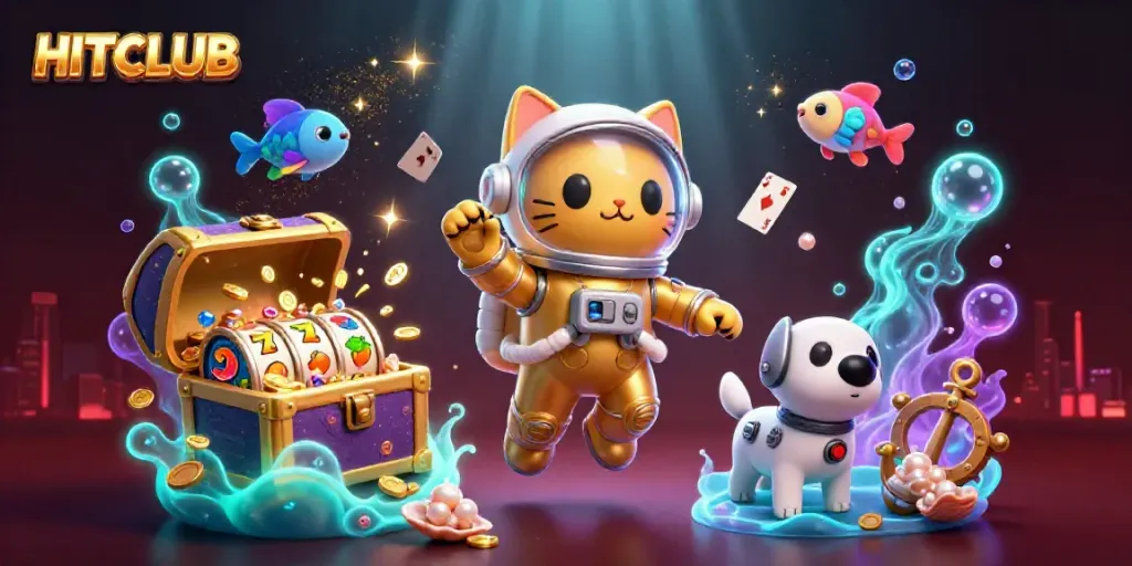 Experience the excitement at HITCLUB with a unique floating casino-themed scene featuring a cat-astronaut and vibrant underwater treasures.