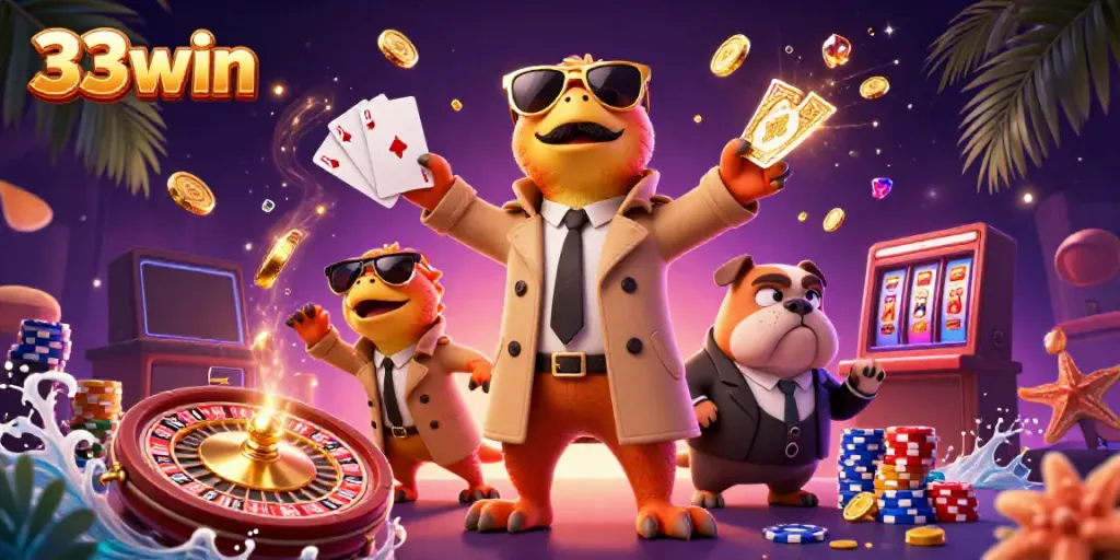 Experience 33win with cartoon raptors in a trench coat entering a casino filled with vibrant gaming elements.