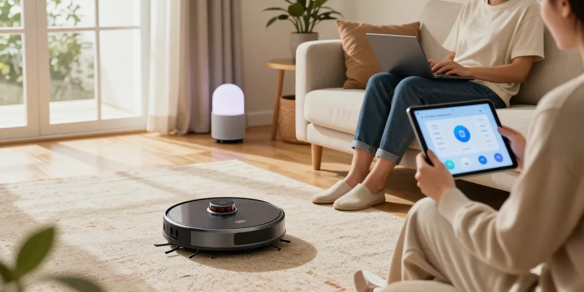 Modern living room with a robot vacuum 2026 in action, showcasing smart home technology and comfort.