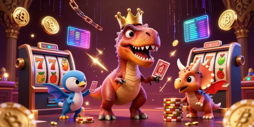 Engage in thrilling casino action with s8 featuring a dapper T-Rex shuffling cards and a baby triceratops stacking chips.