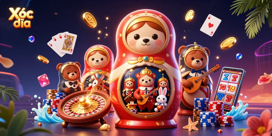 Xóc đĩa action scene with Matryoshka bear dealers, celebrating wins with coins and gems.