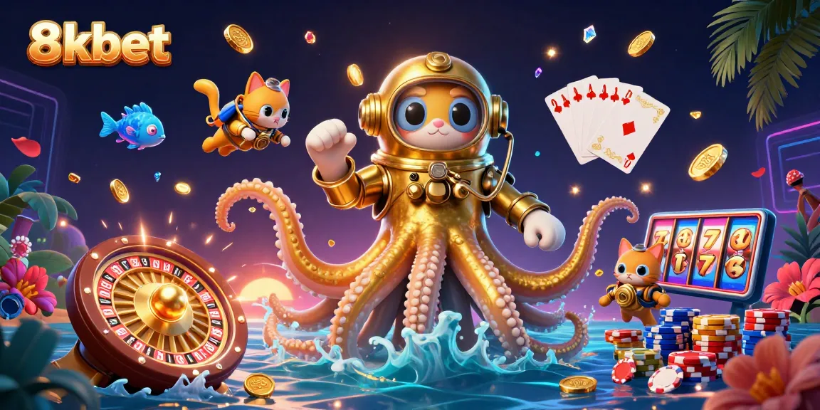 Engage in thrilling wins at 8xbet showcasing a kraken, diving cat, and sparkling treasures.