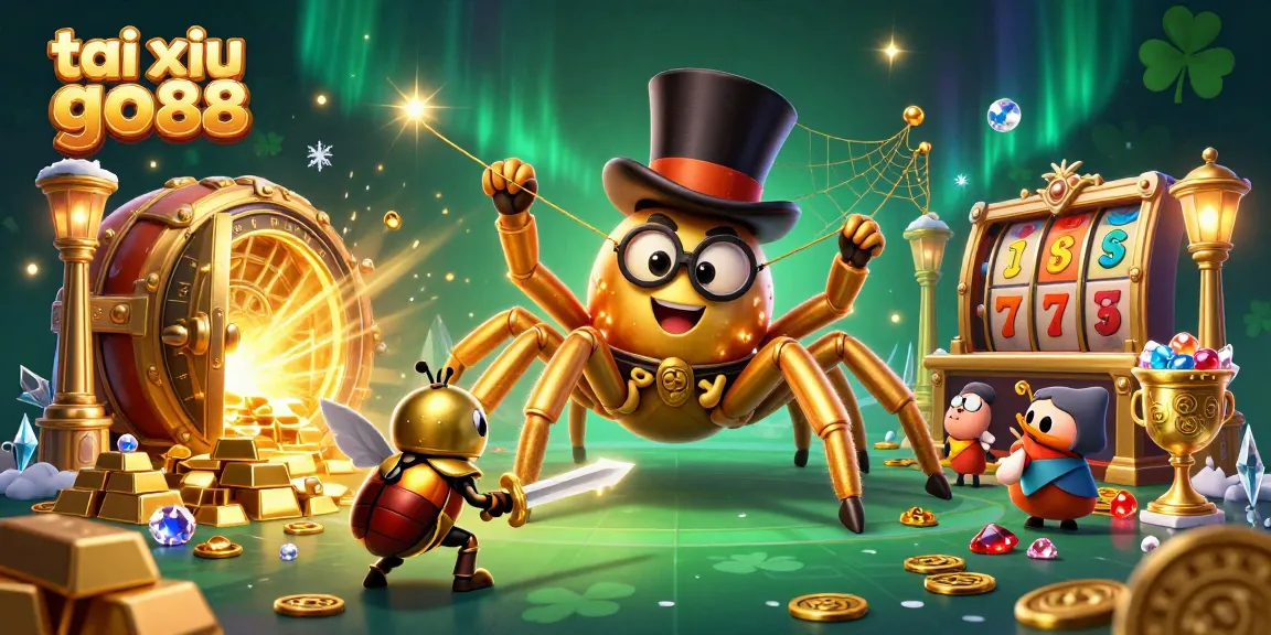 Tai xiu go88 showcases a golden tarantula weaving a web amid casino treasures and animated characters.