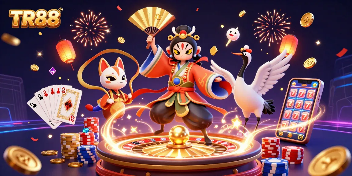Experience TR88's thrilling gaming world with a vibrant scene of kabuki warriors and casino elements.