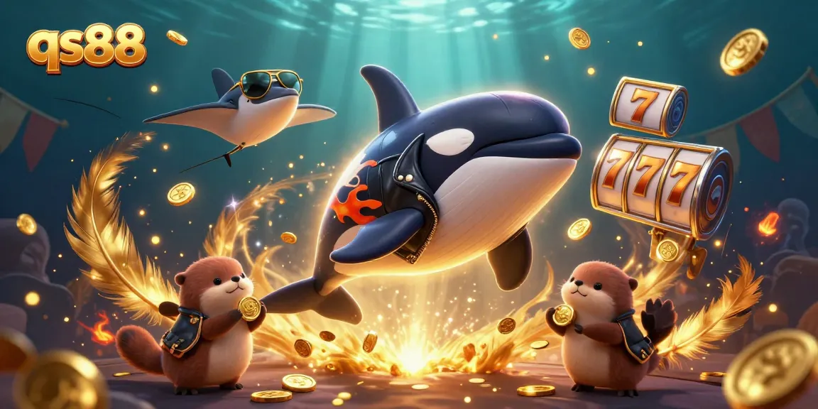 Experience action with qs88 as the orca whale jumps amidst vibrant casino-themed elements.