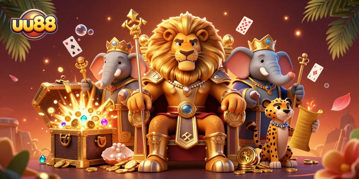 Experience thrilling bets at uu88 with a powerful lion king surrounded by magical treasures.