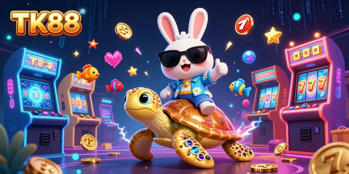 Witness TK88's vibrant carnival with a lucky rabbit riding a sea turtle, surrounded by slot games.
