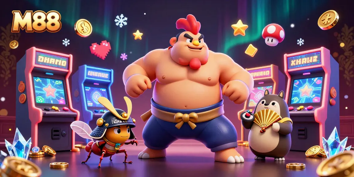 M88 engaging gamblers with a vibrant 3D casino illustration featuring a sumo wrestler, cricket, and tanuki.