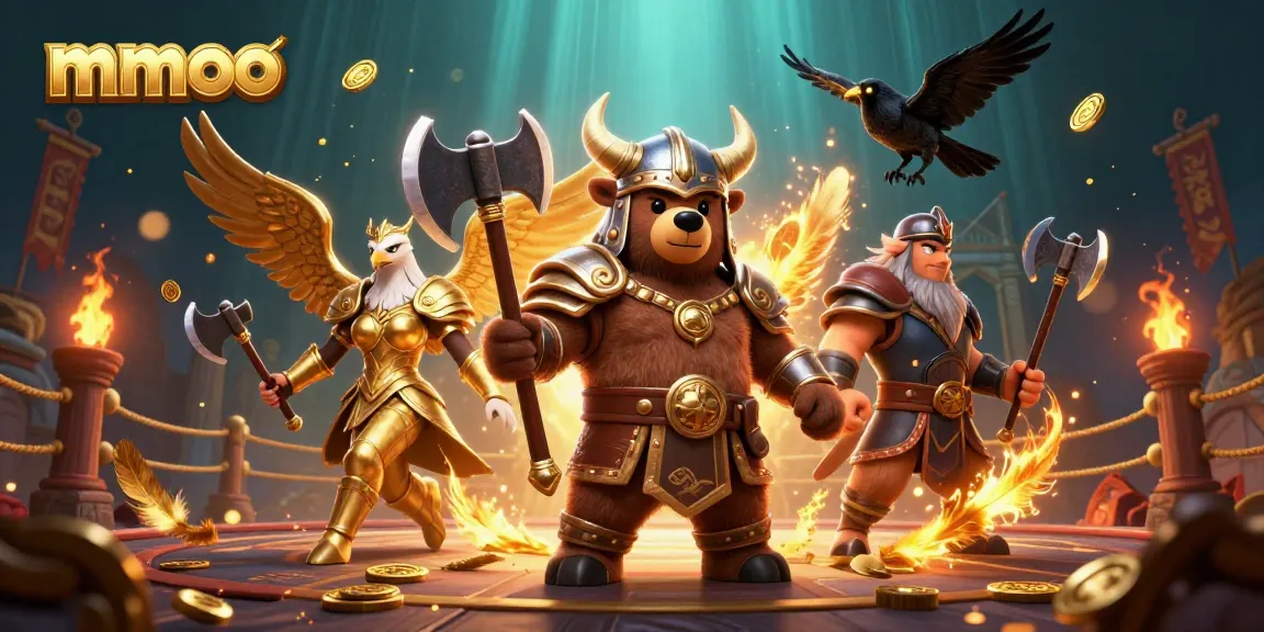 Betting excitement ignites in the vibrant mmoo casino scene featuring Viking characters and golden treasures.