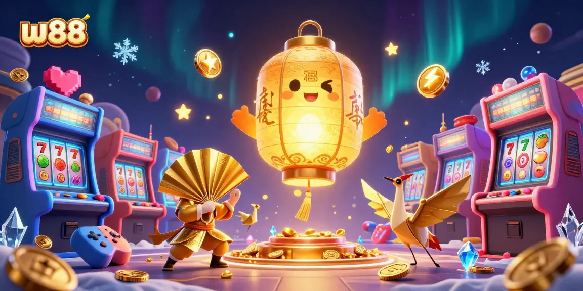 Play exciting casino games with a vibrant w88-themed illustration featuring winning symbols and slot machines.