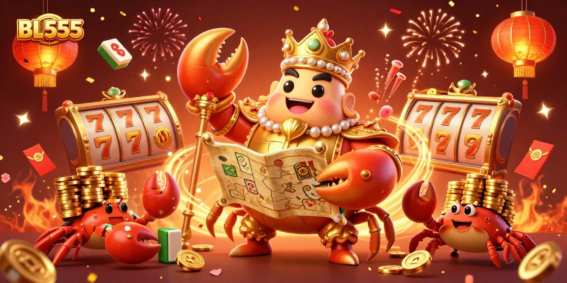 Experience thrilling gameplay with BL555's golden crab emperor and friends amidst rich casino elements.