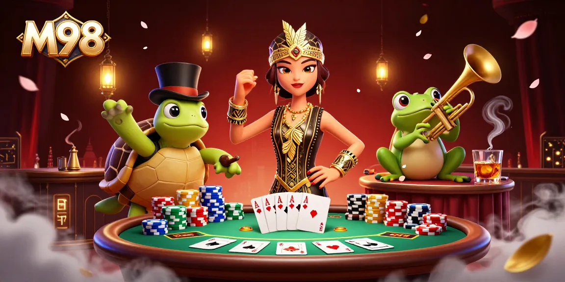 M98 celebrates thrilling casino experiences with a vibrant illustration featuring poker action and playful characters.