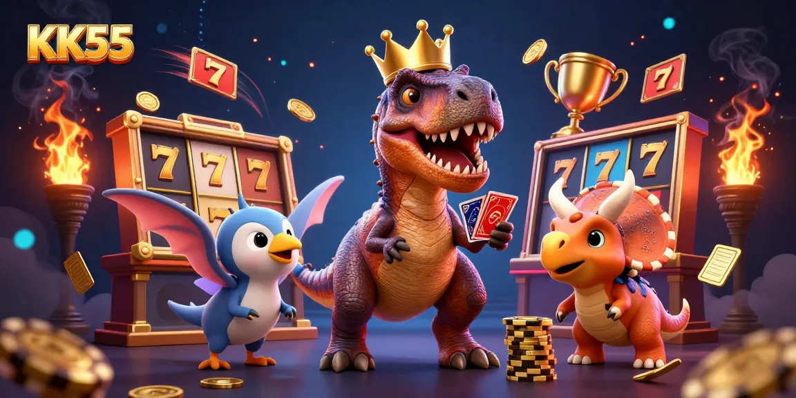 KK55 showcases a vibrant 3D scene with cartoon dinosaurs playing cards and stacking chips, emphasizing casino excitement.